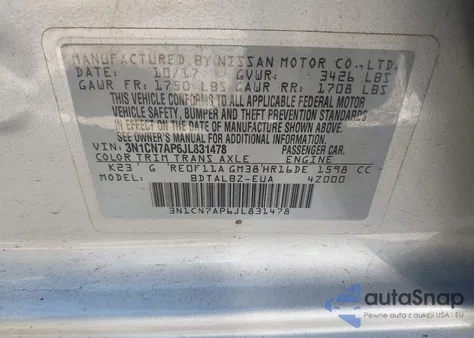 2018 Nissan Versa 1.6 Sv из США, поврежденный, VIN 3N1CN7AP6JL831478